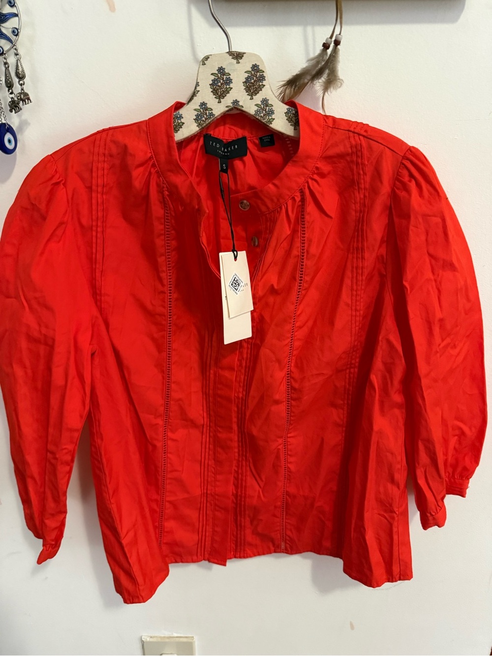 NWT Ted Baker CAMILLE Fire Orange Pleated Cotton Blouse Small $195